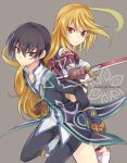  1girl ahoge black_hair blonde_hair boots bow brown_gloves detached_sleeves gloves holding holding_sword holding_weapon jude_mathis long_hair long_sleeves looking_at_viewer milla_maxwell pants red_bow red_eyes rento_(rukeai) smile sword tales_of_(series) tales_of_xillia title weapon yellow_eyes 