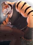  2018 abs anal anal_penetration anthro bont1age clothed clothed_sex clothing feline hi_res male male/male mammal muscular muscular_male nude pecs penetration scar sex shirt simple_background stripes sweat tank_top tiger 