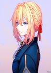  artist_name blonde_hair blue_eyes eyebrows_visible_through_hair from_side grey_background hair_between_eyes hair_ribbon highres hirein long_hair red_ribbon ribbon simple_background solo upper_body violet_evergarden violet_evergarden_(character) 