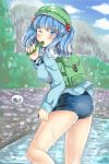  ass backpack bag blue_eyes blue_hair blue_shirt blue_sky blurry blush breasts cloud commentary_request cucumber day depth_of_field eating eyebrows_visible_through_hair flat_cap forest green_backpack green_hat hair_bobbles hair_ornament hat highres kawashiro_nitori kazari_s key large_breasts long_sleeves looking_at_viewer looking_back mountain nature no_pants one_eye_closed outdoors pond school_swimsuit shirt short_hair sky solo swimsuit thighs touhou twintails two_side_up water_drop wet wet_hair 