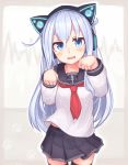  :d axent_wear black_legwear black_sailor_collar black_skirt blue_eyes blush cat_ear_headphones hair_between_eyes headgear headphones hibiki_(kantai_collection) highres kantai_collection long_hair long_sleeves neckerchief no_hat no_headwear open_mouth paw_pose pleated_skirt red_neckwear reitou_mikan sailor_collar school_uniform serafuku silver_hair skirt smile solo thighhighs 