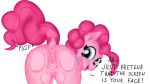  2018 anus clitoral_winking clitoris cutie_mark earth_pony english_text equine female feral friendship_is_magic hair horse looking_at_viewer looking_back lying mammal my_little_pony nuxersopus on_back pinkie_pie_(mlp) pony presenting pussy solo spread_legs spreading text 