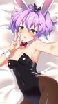  animal_ears azur_lane bed_sheet black_bow black_leotard blush bow bowtie breasts brown_legwear bunny_ears bunny_tail bunnysuit covered_navel eyebrows_visible_through_hair fishnet_pantyhose fishnets foreshortening hair_bow hair_ornament hairband hand_up javelin_(azur_lane) leotard looking_at_viewer lying on_back pantyhose parted_lips purple_hair reaching_out red_neckwear self_shot small_breasts solo tail takashiru two_side_up w wrist_cuffs x_hair_ornament 