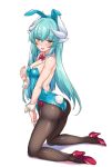  animal_ears aqua_hair ass black_legwear blue_leotard bow bowtie breasts bunny_ears bunny_tail bunnysuit detached_collar dragon_horns fate/grand_order fate_(series) fishnet_pantyhose fishnets full_body high_heels horns kiyohime_(fate/grand_order) kneeling leotard long_hair looking_at_viewer pantyhose red_footwear red_neckwear shirokuma_a simple_background small_breasts solo strapless strapless_leotard tail very_long_hair white_background wrist_cuffs yellow_eyes 