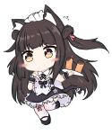  animal_ears azur_lane bailingxiao_jiu black_dress black_footwear blush brown_eyes brown_hair cat_ears cat_girl cat_tail chibi closed_mouth cup dress drink drinking_glass flying_sweatdrops full_body heart heart-shaped_pupils holding holding_tray long_hair maid_headdress one_side_up simple_background solo standing standing_on_one_leg strapless strapless_dress symbol-shaped_pupils tail thighhighs tray very_long_hair white_background white_legwear wrist_cuffs yuugure_(azur_lane) 