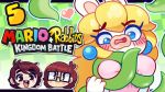  &lt;3 4_fingers anthro big_lips blonde_hair blue_eyes blush breast_grab breasts clothed clothing cosplay dress ear_piercing english_text eyelashes female front_view fully_clothed fur hair hand_on_breast jaltoid_(artist) lagomorph lips long_hair mammal mario_+_rabbids:_kingdom_battle mario_bros nintendo noseless piercing pink_clothing princess_peach rabbid rabbid_peach rabbit tentacles text ubisoft video_games white_fur youtube 