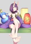  bangs barefoot blunt_bangs bob_cut breasts cup fang fate/grand_order fate_(series) feet full_body gourd highres horns japanese_clothes kimono lantern looking_at_viewer obi off_shoulder oni_horns open_clothes open_kimono open_mouth paper_lantern pov_feet purple_eyes purple_hair purple_kimono revealing_clothes sakazuki sash short_eyebrows short_hair shuten_douji_(fate/grand_order) sitting small_breasts smile soles solo toes wan_ban 