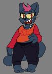  0 barefoot belt belt_buckle black_fur breasts captaintinki clothing dark_fur dyed_fur eyebrows eyelashes fangs feline female freckles fur jeans mae_(nitw) mammal night_in_the_woods null_symbol pants red_eyes red_fur red_irises sharp_teeth teeth tongue whiskers 