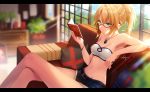  bad_proportions bare_shoulders belt blonde_hair book breasts closed_mouth couch crossed_legs denim denim_shorts fate/apocrypha fate_(series) glasses green_eyes indoors jewelry letterboxed medium_breasts midriff mordred_(fate) mordred_(fate)_(all) navel necomi pendant pillow reading red-framed_eyewear semi-rimless_eyewear short_hair shorts signature sitting solo sunlight under-rim_eyewear window 