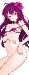  bad_id bad_pixiv_id bangs bikini blush bottomless breasts commentary_request eyebrows_visible_through_hair fate/grand_order fate_(series) flower goyain hair_between_eyes hair_flower hair_ornament hibiscus highres hips long_hair looking_at_viewer medium_breasts navel pink_bikini purple_hair red_eyes scathach_(fate)_(all) scathach_(swimsuit_assassin)_(fate) simple_background smile solo swimsuit thighs white_background 