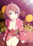  :d ankoiri blurry bokeh breasts brown_hair cleavage collarbone commentary_request crown depth_of_field fireworks highres japanese_clothes kimono koizumi_hanayo long_sleeves love_live! love_live!_school_idol_project medium_breasts night obi open_mouth outdoors purple_eyes sash short_hair sitting smile solo striped striped_kimono 