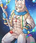  2018 anthro balls blush bottomless canine clothed clothing erection eyewear fur glasses humanoid_penis jewelry male mammal muscular muscular_male necklace penis pubes signature solo unrealplace wolf 