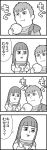  1girl 4koma bangs bkub blunt_bangs bodysuit chirico_cuvie comic cup eating fiana food greyscale halftone highres holding holding_cup holding_food ip_police_tsuduki_chan leaning_over lipstick long_hair makeup monochrome short_hair simple_background smile soukou_kihei_votoms speech_bubble talking translation_request white_background 