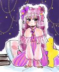  book book_stack bow braid commentary dress eyebrows_visible_through_hair hair_bow hair_ribbon hands_on_floor highres komaku_juushoku long_hair long_sleeves looking_at_viewer patchouli_knowledge pillow polka_dot purple_eyes purple_hair ribbon sitting solo star starry_background striped striped_dress touhou tress_ribbon twin_braids yokozuwari 