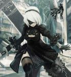  1girl ass back_cutout black_dress black_footwear black_hairband boots breasts cleavage_cutout commentary_request dress feather-trimmed_sleeves full_body hairband high_heel_boots highres juliet_sleeves long_sleeves medium_breasts mole nier_(series) nier_automata pod_(nier_automata) puffy_sleeves short_hair silver_hair solo sword thigh_boots thighhighs thighhighs_under_boots weapon yorha_no._2_type_b 