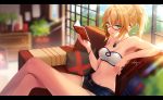  bad_proportions bare_shoulders belt blonde_hair book breasts couch crossed_legs denim denim_shorts fate/apocrypha fate_(series) glasses green_eyes indoors jewelry letterboxed looking_at_viewer medium_breasts midriff mordred_(fate) mordred_(fate)_(all) navel necomi open_mouth pendant pillow reading red-framed_eyewear semi-rimless_eyewear short_hair shorts signature sitting solo sunlight under-rim_eyewear window 