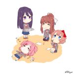  :&lt; ^_^ artist_name blue_eyes blush_stickers book bow brown_hair chibi closed_eyes commentary cup doki_doki_literature_club english_commentary eyebrows_visible_through_hair fikkyun hair_bow hair_ornament hair_ribbon hairclip highres long_hair looking_up lying monika_(doki_doki_literature_club) multiple_girls natsuki_(doki_doki_literature_club) on_back paper pen pink_hair ponytail purple_eyes purple_hair red_bow ribbon sayori_(doki_doki_literature_club) school_uniform seiza short_hair simple_background sitting sleeping thinking tray twitter_username two_side_up very_long_hair white_ribbon yuri_(doki_doki_literature_club) zzz 