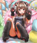  ahoge animal animal_costume animal_ears bangs bear_costume bear_ears blush breasts brown_eyes brown_hair bunny cat commentary_request dog dress eyebrows_visible_through_hair gloves hair_between_eyes highres kantai_collection kuma_(kantai_collection) long_hair looking_at_viewer open_mouth panties pantyshot pantyshot_(sitting) paw_gloves paw_shoes paws pillow pink_panties shoes short_dress sitting small_breasts solo tama_(seiga46239239) underwear yuri_kuma_arashi 