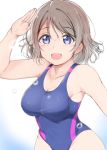  :d ankoiri bare_shoulders blue_eyes blue_swimsuit breasts bubble cleavage collarbone competition_swimsuit eyebrows_visible_through_hair grey_hair highres looking_at_viewer love_live! love_live!_sunshine!! medium_breasts one-piece_swimsuit open_mouth salute short_hair smile solo swimsuit watanabe_you white_background 