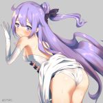  against_wall ass azur_lane backless_dress backless_outfit bare_shoulders bent_over blue_eyes blush breasts closed_mouth cowboy_shot dress dress_lift elbow_gloves embarrassed gloves grey_background hair_bun long_hair looking_at_viewer looking_back multicolored multicolored_eyes one_side_up panties purple_eyes purple_hair simple_background small_breasts solo sweat takashiru tears twitter_username underwear unicorn_(azur_lane) very_long_hair white_dress white_gloves white_panties 