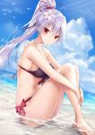  bangs barefoot bikini bird black_bikini bow breasts closed_mouth cloud cloudy_sky collarbone day dutch_angle eyebrows_visible_through_hair fate/grand_order fate_(series) flower hair_flower hair_ornament light_rays long_hair medium_breasts navel partially_submerged ponytail red_eyes rong_yi_tan seagull shore silver_hair sitting sky smile solo swimsuit tomoe_gozen_(fate/grand_order) very_long_hair 