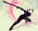  action black_bodysuit bodysuit breasts commentary_request full_body gauntlets hair_between_eyes holding holding_sword holding_weapon latex medium_breasts no_nose open_mouth original red_eyes sakamoto_ahiru shiny shiny_clothes short_hair shoulder_armor skin_tight solo spaulders sword weapon white_hair 