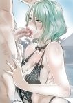  1girl :&gt;= bikini black_bikini blurry blush butcha-u caressing_testicles clothed_female_nude_male commentary dead_or_alive dead_or_alive_xtreme depth_of_field fellatio green_eyes green_hair green_nails hand_on_another's_head hetero highres limited_palette mole mole_under_eye nail_polish nude oral palm_tree penis pink_lips saliva short_hair skindentation solo_focus stray_pubic_hair swimsuit tamaki_(doa) testicles tree veins veiny_penis 
