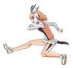  black_hair blush eyebrows_visible_through_hair gazelle_ears gazelle_horns gazelle_tail highres kemono_friends light_brown_hair long_sleeves moriko_(moliko) multicolored multicolored_clothes multicolored_hair multicolored_legwear pantyhose pleated_skirt running shirt short_hair skirt solo t-shirt thomson's_gazelle_(kemono_friends) vest white_hair 