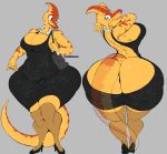  2019 anthro big_breasts big_butt breasts butt cleavage clothed clothing dinosaur dress female footwear grey_background hi_res high_heels huge_butt jewelry looking_at_viewer looking_back necklace non-mammal_breasts open_mouth parasaurolophus pearl_necklace pera reptile scalie shoes signature simple_background smile solo vhsdaii wide_hips 