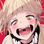  bags_under_eyes bangs blonde_hair blunt_bangs blush boku_no_hero_academia commentary_request crazy_smile double_bun face fangs hair_bun half-closed_eyes kuromu_(underporno) open_mouth red_background scarf sharp_teeth short_twintails simple_background slit_pupils smile solo teeth toga_himiko twintails uvula yandere_trance yellow_eyes 