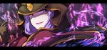  bad_id bad_pixiv_id bangs black_cloak black_gloves caster cloak fate/grand_order fate/stay_night fate_(series) gloves glowing glowing_eyes hair_between_eyes hood hood_up index_finger_raised letterboxed long_hair looking_at_viewer looking_to_the_side open_mouth purple_eyes purple_hair purple_lips solo wada_kazu 