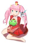  :d akane_garnet barefoot blue_eyes crown dress fairy full_body highres looking_at_viewer mini_crown open_mouth pink_hair purple_eyes red_dress sitting smile solo stuffed_animal stuffed_frog stuffed_toy tigersaber uchi_no_hime-sama_ga_ichiban_kawaii 