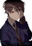  aldnoah.zero bad_id bad_pixiv_id black_neckwear blue_jacket brown_hair brown_vest closed_mouth collared_shirt commentary covering_one_eye eyepatch hand_up hiiragi_fuyuki jacket kaizuka_inaho long_sleeves looking_at_viewer male_focus necktie open_clothes open_jacket red_eyes shirt simple_background smile solo tears upper_body vest white_background white_shirt wing_collar 