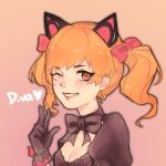  alternate_costume animal_ears black_bow black_cat_d.va black_dress black_gloves blonde_hair bow bowtie breasts brown_eyes cat_ears character_name cleavage d.va_(overwatch) dress earrings gloves godzillaguai gradient gradient_background grin hair_bow heart heart_earrings highres jewelry lolita_fashion looking_at_viewer one_eye_closed overwatch pink_background pink_bow pink_lips puffy_short_sleeves puffy_sleeves short_sleeves small_breasts smile solo tan_background twintails upper_body 
