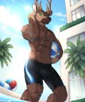  2018 abs ball blush bulge cervine green_eyes looking_at_viewer male mammal outside pool_(disambiguation) signature unrealplace 