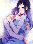  blue_eyes blue_hair blush breasts dokidoki!_precure hishikawa_rikka hug kenzaki_makoto long_hair long_sleeves looking_at_viewer medium_breasts multiple_girls mutual_hug negom precure purple_eyes purple_hair short_hair yuri 