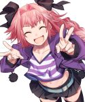  :d ^_^ alternate_legwear astolfo_(fate) belt black_legwear black_ribbon black_skirt braid closed_eyes commentary_request cowboy_shot double_v fang fate/apocrypha fate_(series) hair_ribbon happy highres jacket long_hair long_sleeves male_focus midriff mihatarou navel open_clothes open_jacket open_mouth otoko_no_ko pink_hair pleated_skirt purple_jacket ribbon shirt simple_background single_braid skirt smile solo striped striped_shirt thighhighs v white_background zettai_ryouiki 