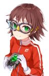  bangs black_cola breasts brown_hair closed_mouth eyebrows_visible_through_hair gloves goggles green_eyes highres holding jacket long_hair long_sleeves looking_at_viewer original red_jacket simple_background small_breasts smile solo track_jacket white_background white_gloves 