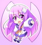  :d blush chibi choujigen_game_neptune commentary d-pad d-pad_hair_ornament doria_(5073726) eyebrows_visible_through_hair hair_between_eyes hair_ornament long_hair looking_at_viewer nepgear neptune_(series) open_mouth outstretched_arm power_symbol purple_eyes purple_hair smile solo striped striped_legwear 