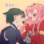  1girl bangs black_bodysuit black_hair bodysuit breasts candy comic commentary couple darling_in_the_franxx english_commentary food gloves hair_ornament hairband hetero highres hiro_(darling_in_the_franxx) holding_another's_arm holding_lollipop horns industry_age lollipop long_hair looking_at_another medium_breasts oni_horns pilot_suit pink_hair red_bodysuit red_gloves red_horns saliva saliva_trail translation_request white_gloves white_hairband zero_two_(darling_in_the_franxx) 