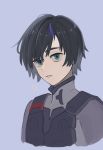  1boy 1moyaro black_bodysuit black_hair blue_eyes blue_horn bodysuit darling_in_the_franxx high_resolution hiro_(darling_in_the_franxx) horn looking_at_viewer male male_focus oni_horn pilot_suit short_hair solo 