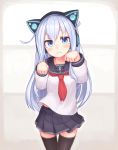  axent_wear black_legwear black_sailor_collar black_skirt blue_eyes blush cat_ear_headphones hair_between_eyes headgear headphones hibiki_(kantai_collection) highres kantai_collection long_hair long_sleeves neckerchief no_hat no_headwear open_mouth paw_pose pleated_skirt red_neckwear reitou_mikan sailor_collar school_uniform serafuku silver_hair skirt smile solo thighhighs 