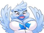  &lt;3 &lt;3_eyes 2019 anthro avian beak big_breasts bird blue_eyes blue_feathers blush breasts cleavage clothed clothing digital_media_(artwork) feathers female grandpaced hi_res looking_down low-angle_view open_mouth simple_background smile solo tweetfur twitter white_background zipper 