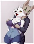  anthro big_breasts bite blush breast_grab breasts brown_fur canine clothing cooliehigh coyote ear_biting female fox fur green_eyes hand_on_breast mammal shorts simple_background skirt white_fur yellow_eyes 