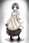  apron black_hair boots commentary_request frilled_apron frills full_body hand_on_own_chest high_heel_boots high_heels highres holding_menu idolmaster idolmaster_cinderella_girls japanese_clothes kimono maid_apron maid_headdress menu nazo_no_diaboro pale_skin pigeon-toed pink_eyes shiragiku_hotaru short_hair simple_background sketch smile solo wa_maid waitress wide_sleeves 