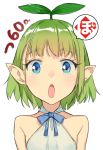  :o bare_shoulders blue_eyes blue_neckwear bow bowtie commentary_request dress flat_chest green_eyes green_hair highres leaf leaf_on_head looking_at_viewer nonco open_mouth original short_hair simple_background solo upper_body white_background white_dress 