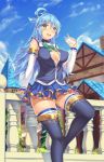 :d aqua_(konosuba) bare_shoulders blue_eyes blue_footwear blue_hair blue_legwear blue_shirt blue_skirt blush boots bottle bow breasts cleavage commentary_request covered_nipples day detached_sleeves green_bow hair_ornament hair_rings highres holding holding_bottle house kono_subarashii_sekai_ni_shukufuku_wo! large_breasts leaning_on_rail long_hair milk milk_bottle miniskirt no_panties open_clothes open_mouth open_shirt outdoors railing sgt-jz shirt skirt sky smile thigh_boots thighhighs unbuttoned unbuttoned_shirt 