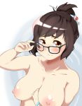  1girl adjusting_eyewear areolae black-framed_glasses blush breasts brown_eyes brown_hair collarbone hair_bun hair_ornament hairpin hyuuman looking_at_viewer mei_(overwatch) nipples overwatch shiny_skin solo 