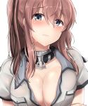  absurdres anchor blouse blue_eyes blush breast_pocket breasts brown_hair cleavage closed_mouth collarbone collared_blouse embarrassed eyebrows_visible_through_hair grey_blouse hair_between_eyes hair_down highres kantai_collection kiritto large_breasts lips looking_at_viewer open_blouse open_clothes pocket remodel_(kantai_collection) saratoga_(kantai_collection) short_sleeves sidelocks simple_background solo sweat wavy_mouth white_background 