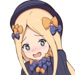  1girl :d abigail_williams_(fate/grand_order) bangs black_bow black_dress black_hat blonde_hair blue_eyes blush bow dress eyebrows_visible_through_hair fate/grand_order fate_(series) forehead hair_bow hat head_tilt long_hair looking_at_viewer mitchi nose_blush open_mouth orange_bow parted_bangs polka_dot polka_dot_bow simple_background smile solo very_long_hair white_background 
